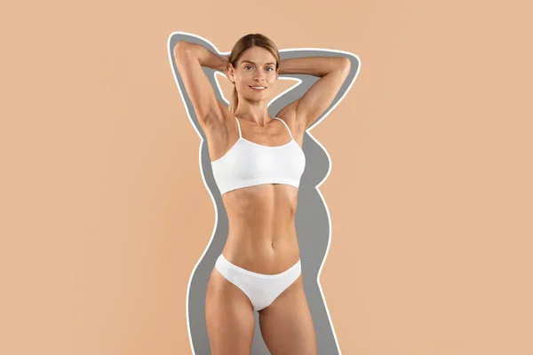 Body Sculpting Young Sporty Female Underwear Drawn Outlines Figure Standing — Stock Photo, Image