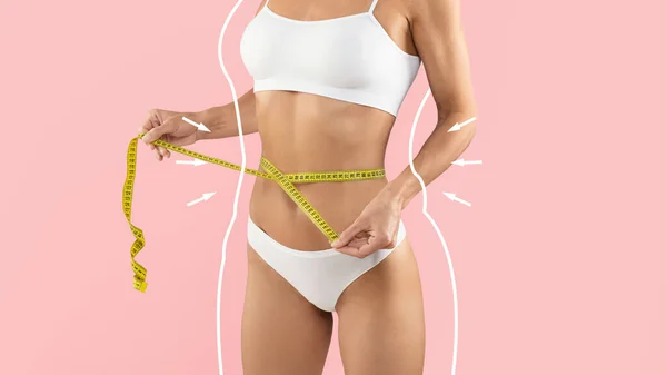 Weight Loss Concept. Slim Female In Underwear Measuring Waist With Tape, Unrecognizable Lady With With Drawn Outlines Around Figure Checking Measurements After Dieting, Pink Background, Collage