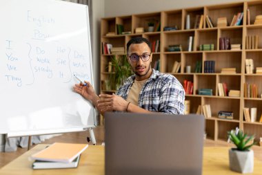 Siber eğitim, uzaktan eğitim konsepti. Arap erkek öğretmen çevrimiçi İngilizce dersi veriyor, dizüstü bilgisayar kullanıyor, ana ofiste gramer kurallarıyla kara tahtaya işaret ediyor.