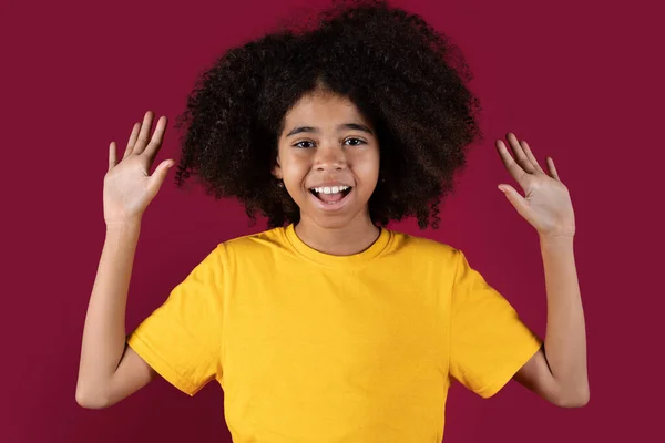 情绪激动的未成年黑人女孩 长着可爱的浓密的头发 高举双手 在五颜六色的勃艮第工作室背景下尖叫 特写镜头 — 图库照片