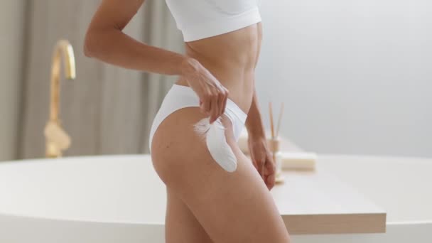 Great Domestic Body Care Close Shot Unrecognizable Slim Woman Underwear — Stock Video