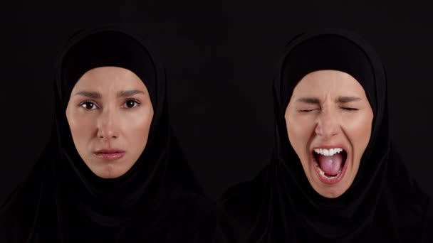 Modsatte Menneskelige Følelser Collage Portræt Ung Følelsesmæssig Muslimsk Kvinde Hijab – Stock-video