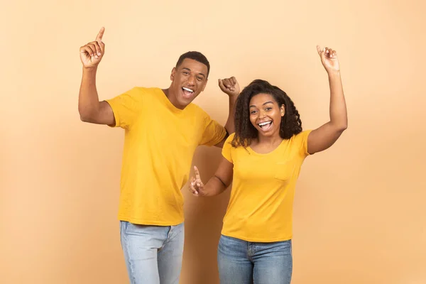 Excited Young Black Couple Dancing Enjoying Favourite Music Fooling Having — Stock Photo, Image