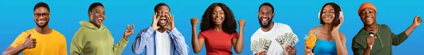 Набір Щасливих Чорношкірих Людей Молодих Чоловіків Жінок Позують Синьому Студійному — стокове фото