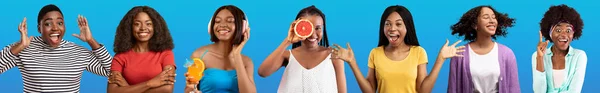 Набір Яскравих Фотографій Щасливих Привабливих Стильних Афроамериканських Молодих Жінок Позують — стокове фото