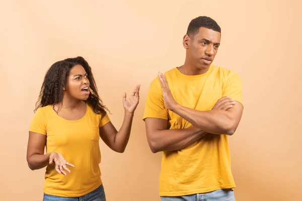 Pelea Problemas Familia Enloquecer Nervioso Negro Dama Jurando Marido Hombre —  Fotos de Stock