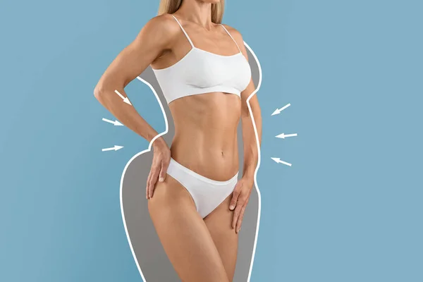 Body Sculpting. Slim Young Female With Drawn Outlines Aroung Her Perfect Figure Standing Isolated Over Blue Background, Unrecognizable Woman In Underwear Enjoying Weight Loss Result, Collage