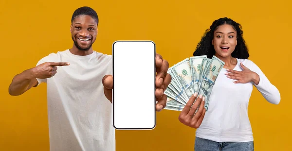 Amazed African American Lovers Millennial Man Woman Gambling Online Using — Stock Photo, Image