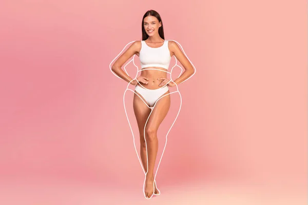 Body Shaping Mulher Bonita Roupa Interior Branca Com Silhueta Desenhada — Fotografia de Stock