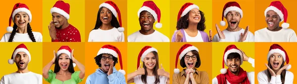 Retratos Personas Multiétnicas Felices Diversas Sombreros Papá Noel Posando Sobre — Foto de Stock