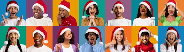 Conjunto Diversos Feliz Millennial Personas Sombreros Santa Sobre Coloridos Fondos — Foto de Stock