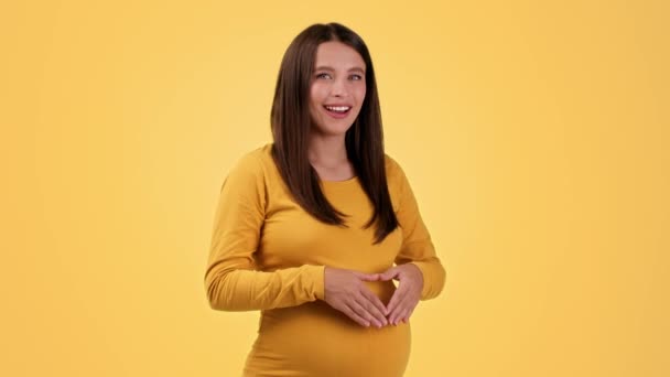Amor Maternidad Retrato Estudio Una Joven Embarazada Feliz Mostrando Gesto — Vídeo de stock