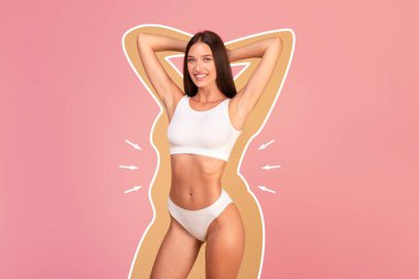 Zayıflatıcı kavram. Pembe arka planda izole edilmiş şişman siluet çizgileri olan mutlu, iç çamaşırlı güzel bir kadın, kaldırılmış kolları olan gülümseyen bir kadın, kolaj...