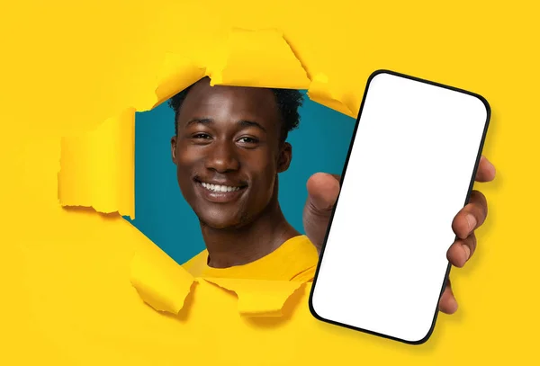 Nice Offer Cool Millennial Black Guy Posing Torn Hole Yellow — Stock Photo, Image