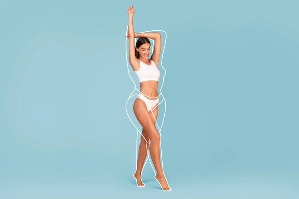 Schlankheitskonzept Schöne Schlanke Frau Unterwäsche Mit Gezeichneten Umrissen Ihren Körper — Stockfoto