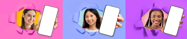 Mobile App Drei Wunderschöne Junge Frauen Posieren Fackeln Bunten Papierwänden — Stockfoto