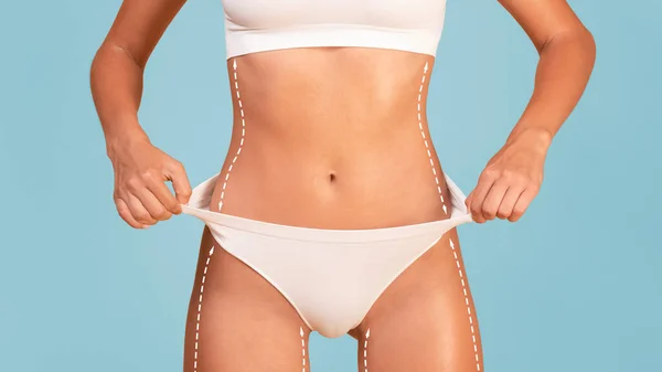 Torso Slim Fit Woman White Underwear Dashed Lines Bosy Pulling — Stock Photo, Image