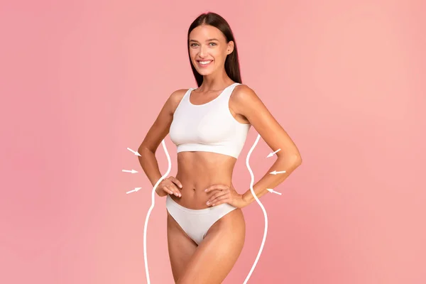 Body shaping concept. Happy slim lady in white underwear with drawn silhouette around figure posing isolated over pink background, fit woman with flat abdomen demonstrating weightloss result, collage
