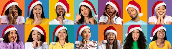 Xmasバナー 明るい背景に立ってサンタの帽子を身に着けている多様な多民族の人々 陽気若い多文化男性と女性感情的にクリスマスの販売やオファーに反応します コラージュ — ストック写真