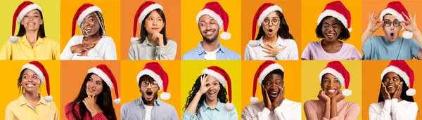 Portraits Of Cheerful Young Multicultural People Wearing Santa Hats Posing Over Yellow Toned Backgrounds, Excited Men And Women Celebrating Christmas Holidays And Enjoying Seasonal Sales, Collage