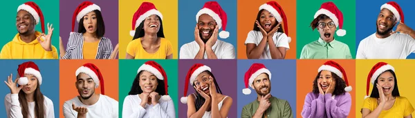 Hombres Mujeres Felices Multiétnicos Con Sombreros Papá Noel Divirtiéndose Sobre — Foto de Stock