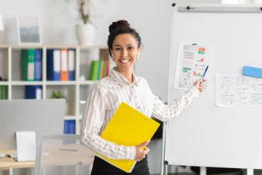 Telekomünikasyon kavramı. Neşeli bayan yönetici video çağrısı yapıyor, sanal sunum yapıyor ve beyaz tahtada grafikler ve şemalar gösteriyor, kameraya gülümsüyor