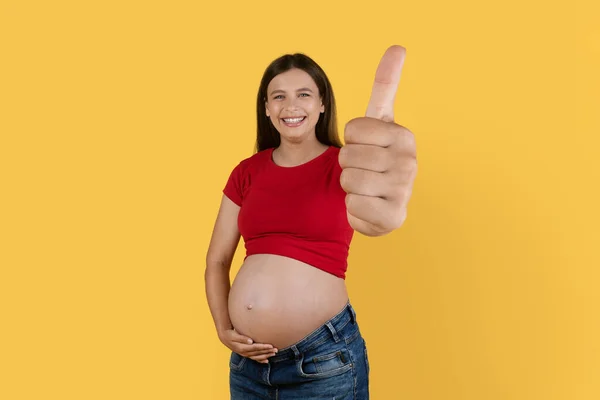 Portrait Positive Pregnant Lady Gesturing Big Thumb Camera Happy Young — Stok Foto