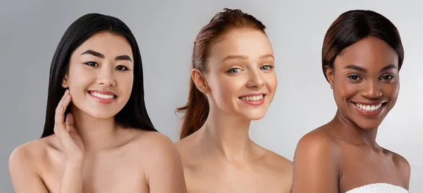 Señoras Jóvenes Multirraciales Hermosas Semidesnudas Posando Mujeres Grises Bonitas Demostrando —  Fotos de Stock