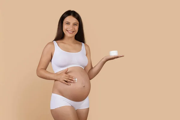 Skin Nourishment Smiling Pregnant Female Underwear Applying Moisturising Cream Belly — Stok Foto