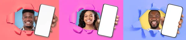 Gran Oferta Emocionados Jóvenes Negros Sosteniendo Grandes Teléfonos Celulares Con —  Fotos de Stock