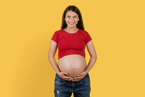 新しい命だ 大きな腹を抱いてカメラを見ている幸せな美しい妊婦の肖像画 黄色のスタジオの背景に隔離された笑顔の若い期待の女性 コピースペース — ストック写真