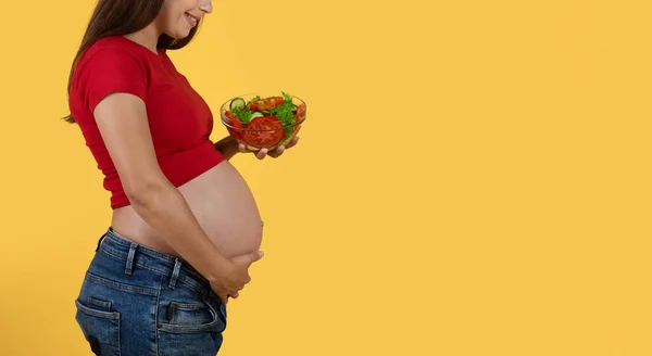 Zdravé Stravování Side View Shot Pregnant Woman Holding Bowl Vegetable — Stock fotografie