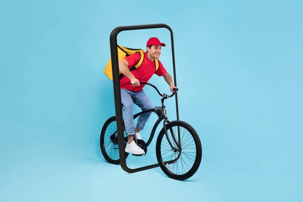 Happy Young European Man Uniform Backpack Rides Bicycle Huge Smartphone — Stock Photo, Image