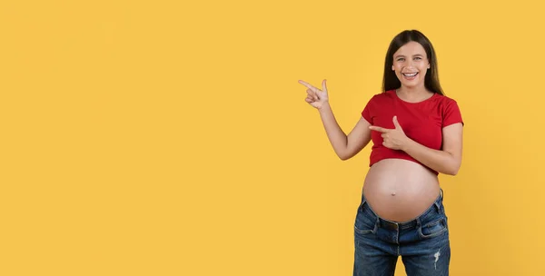 いい提案だ コピースペースで脇を指す楽しい美しい妊娠中の女性 デザインのための無料の場所を示す幸せな陽気な若い期待の女性 黄色の背景に孤立立ちます パノラマ — ストック写真
