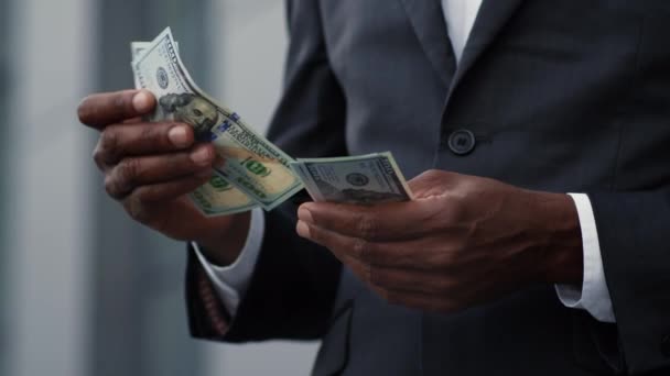 Great Financial Profit Close Shot Unrecognizable Black Businessman Suit Counting — Stock Video