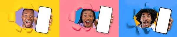 Úžasně Nadšení Černí Mladíci Žena Dva Muži Držící Smartphony Bílými — Stock fotografie