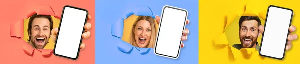 素晴らしい提案だ カラフルな紙の壁 コラージュ 写真のセット モックアップ ウェブバナーでターンを通して白い空の空白の画面を持つスマートフォンを示す感情的な魅力的な2人の男性と1人の女性 — ストック写真