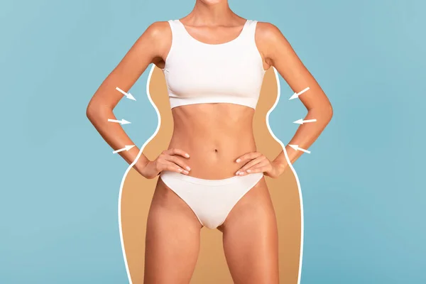 Schlanke Frau Mit Perfektem Körper Weißer Unterwäsche Und Silhouettenkonturen Isoliert — Stockfoto