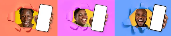 Podekscytowani Młodzi Afrykańczycy Emocjonalnie Dwóch Mężczyzn Kobiet Pokazuje Smartfony Białym — Zdjęcie stockowe