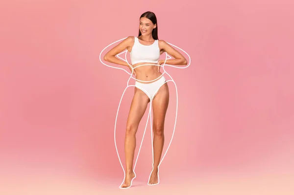 Conceito Esmagar Corpos Fit Lady Slim Figure Underwear Posing Pink — Fotografia de Stock