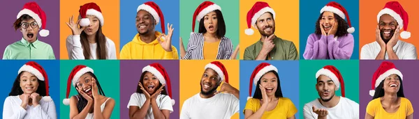 Christmas Banner Ευτυχισμένη Ποικιλία Πολυεθνικών Ανθρώπων Φορώντας Σάντα Καπέλα Χαρούμενα — Φωτογραφία Αρχείου