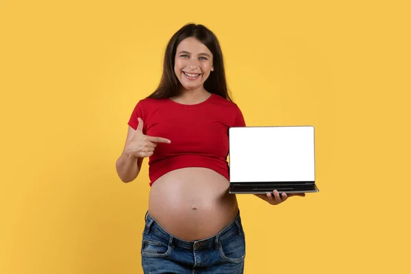 彼女の手の中に空白の画面でノートパソコンを指して幸せな妊娠中の女性 オンラインオファーやウェブサイトのデザインのためのコピースペースを実証若い期待女性を笑顔 黄色の背景 モックアップ — ストック写真