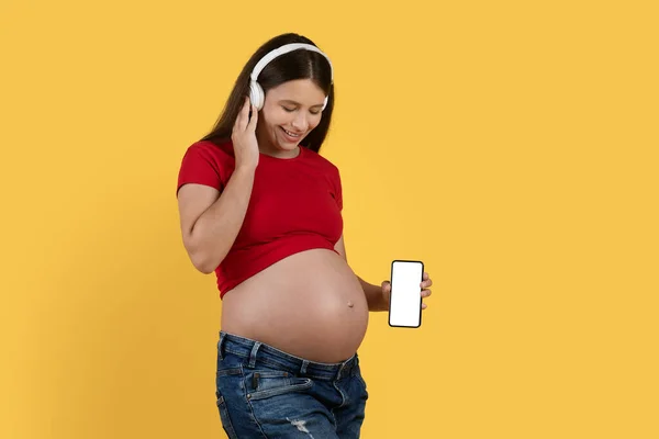 音楽アプリ 携帯電話を身に着けている幸せな妊娠中の女性と腹の近くに空白のスマートフォンを保持します 笑顔期待している女性は 携帯電話でアプリ経由でお気に入りの曲をオンラインで聞いて モックアップ — ストック写真