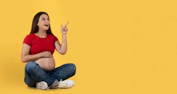 Harika Genç Hamile Kadın Fikri Var Parmakla Gösterip Gülümsüyor Neşeli — Stok fotoğraf