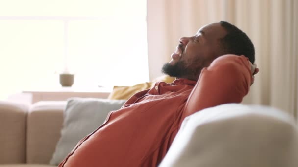 Satisfacción Vital Retrato Vista Lateral Del Hombre Afroamericano Feliz Despreocupado — Vídeo de stock