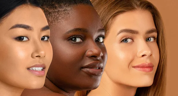 Schöne Gesichter Junger Multikultureller Frauen Die Vor Beigem Studiohintergrund Die — Stockfoto