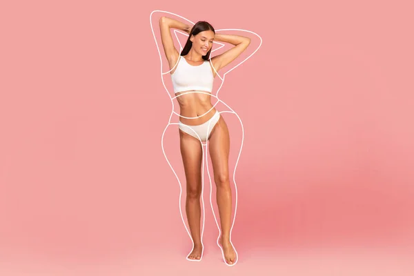 Healthy Slimming. Happy Young Woman With Perfect Body And Fat Silhouette Outlines Around It Posing In Underwear Over Pink Studio Background, Cheerful Female Enjoying Result Of Weight Loss, Collage