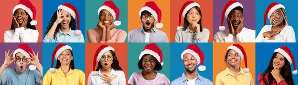 Christmas Offer Diverse Excited Multiethnic People Wearing Santa Hats Posing — Stock Photo, Image