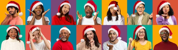 Kreativa Collage Med Unga Multietniska Människor Bär Santa Hattar Uttrycka — Stockfoto