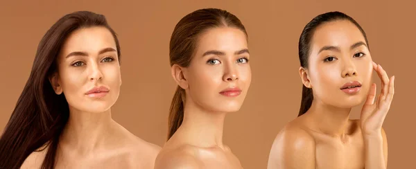 Retrato Beleza Mulheres Multirraciais Jovens Atraentes Com Maquiagem Natural Pele — Fotografia de Stock
